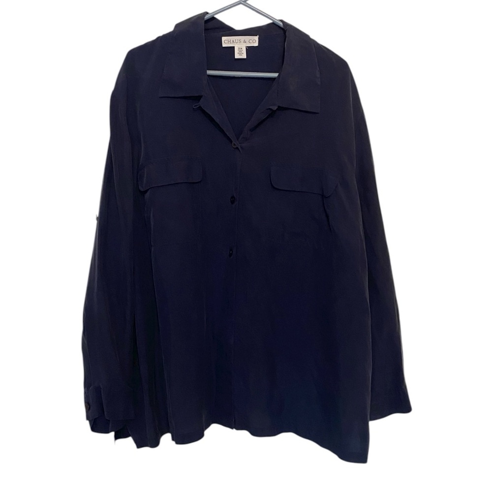 Chaus & Co Navy Silk Button-Up Shirt